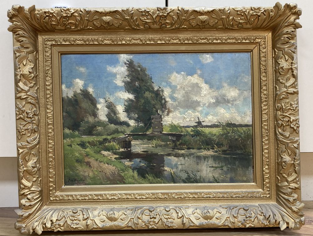 Chris van der Windt (Belgian 1877-1952), Dutch river landscape with a plank bridge and a distant windmill, 27 x 39cm